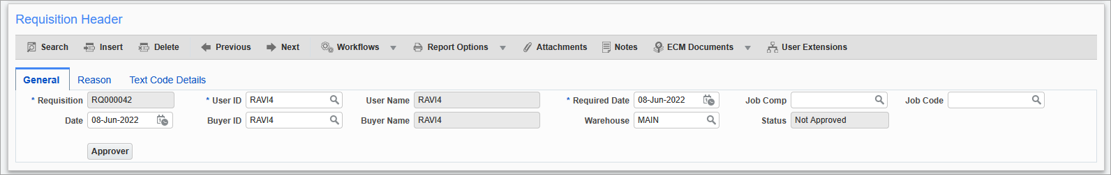 Sample of the Requisition Header section on the Requisitions Entry screen