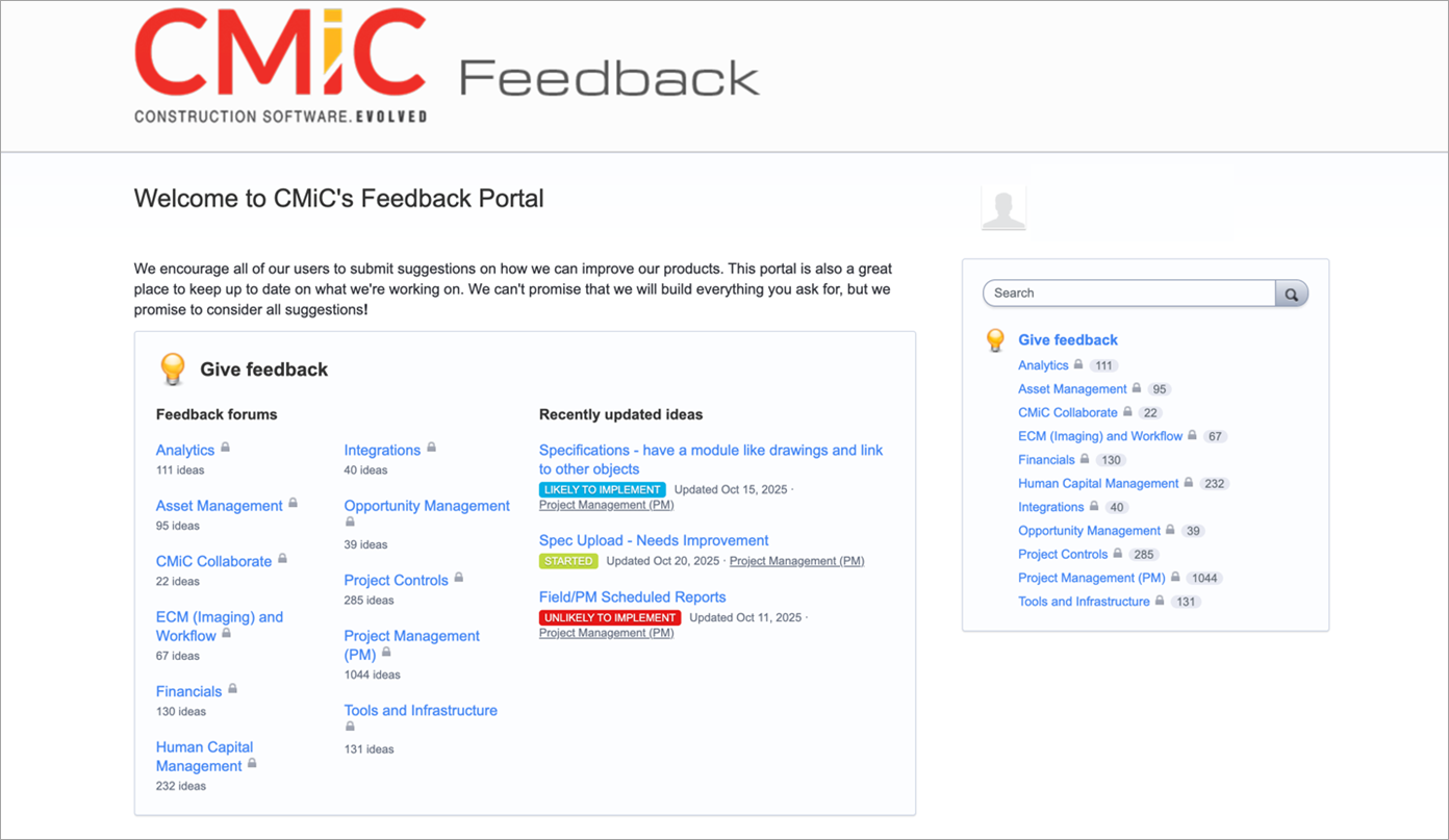 Screenshot of the Feedback Portal after logging in