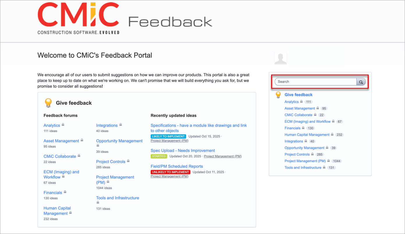 Screenshot of the Search bar on the Feedback Portal