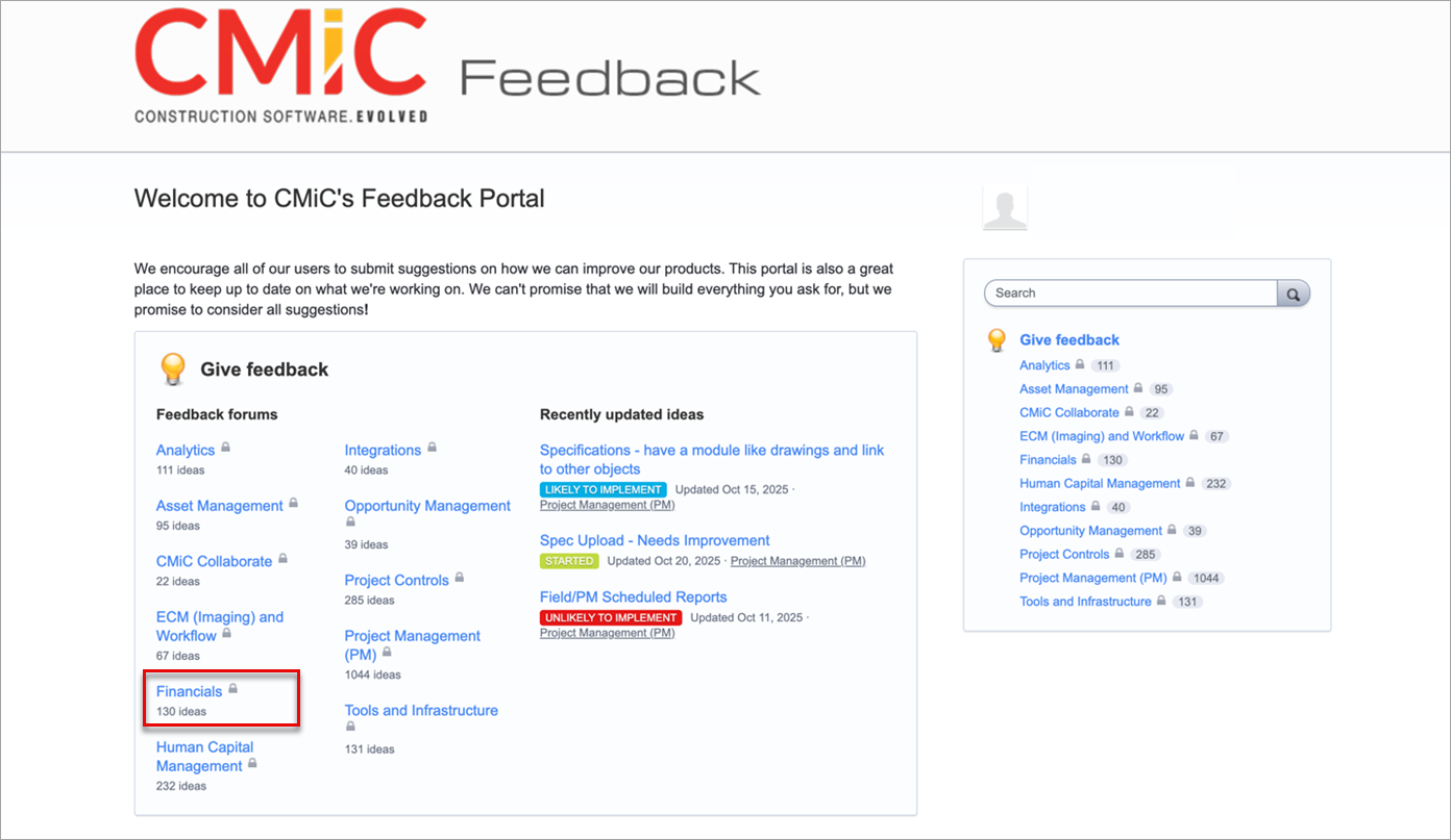 Screenshot of selecting a Feedback Forum on the Feedback Portal
