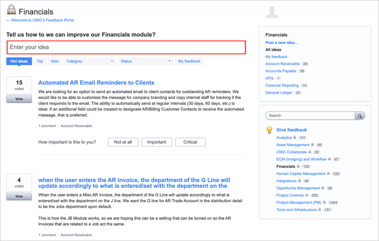 Screenshot of the Enter Your Idea field on the Feedback Forum