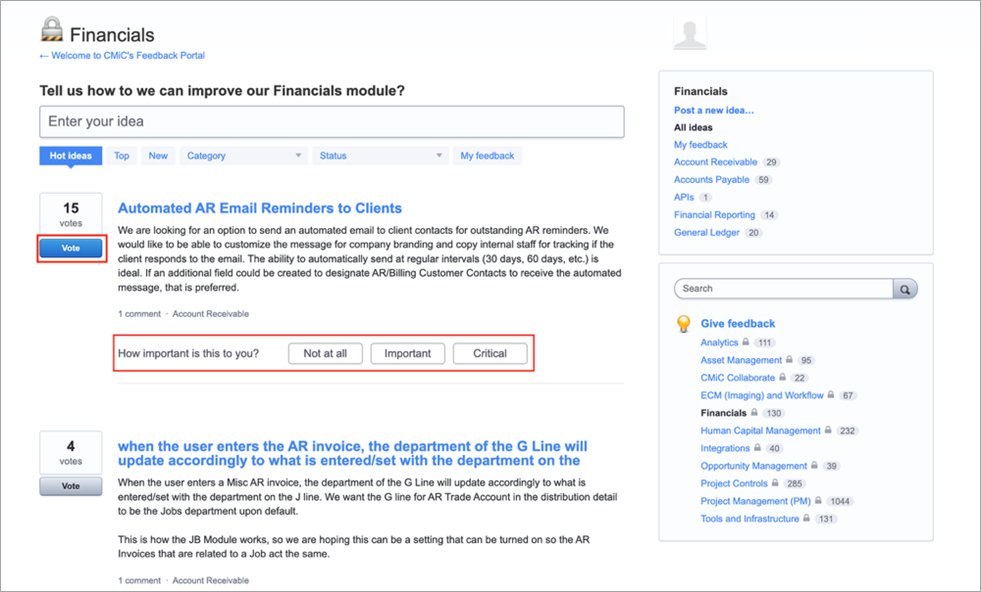 Screenshot of the [Vote] button for ideas in the Feedback Forum