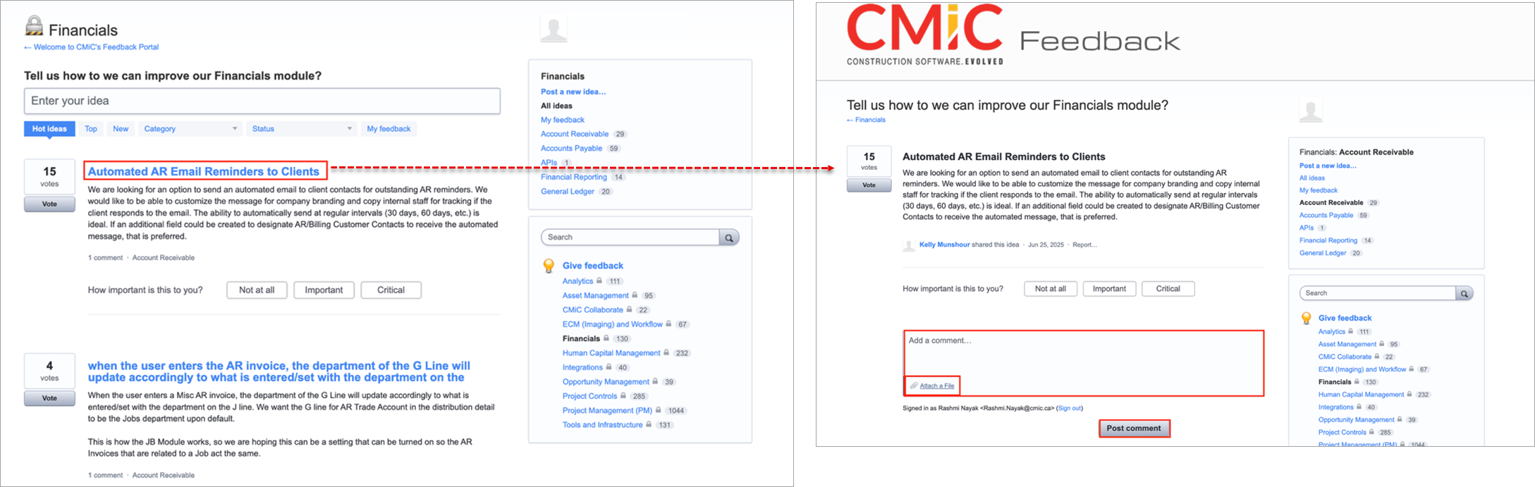 Screenshot of adding a comment on an idea