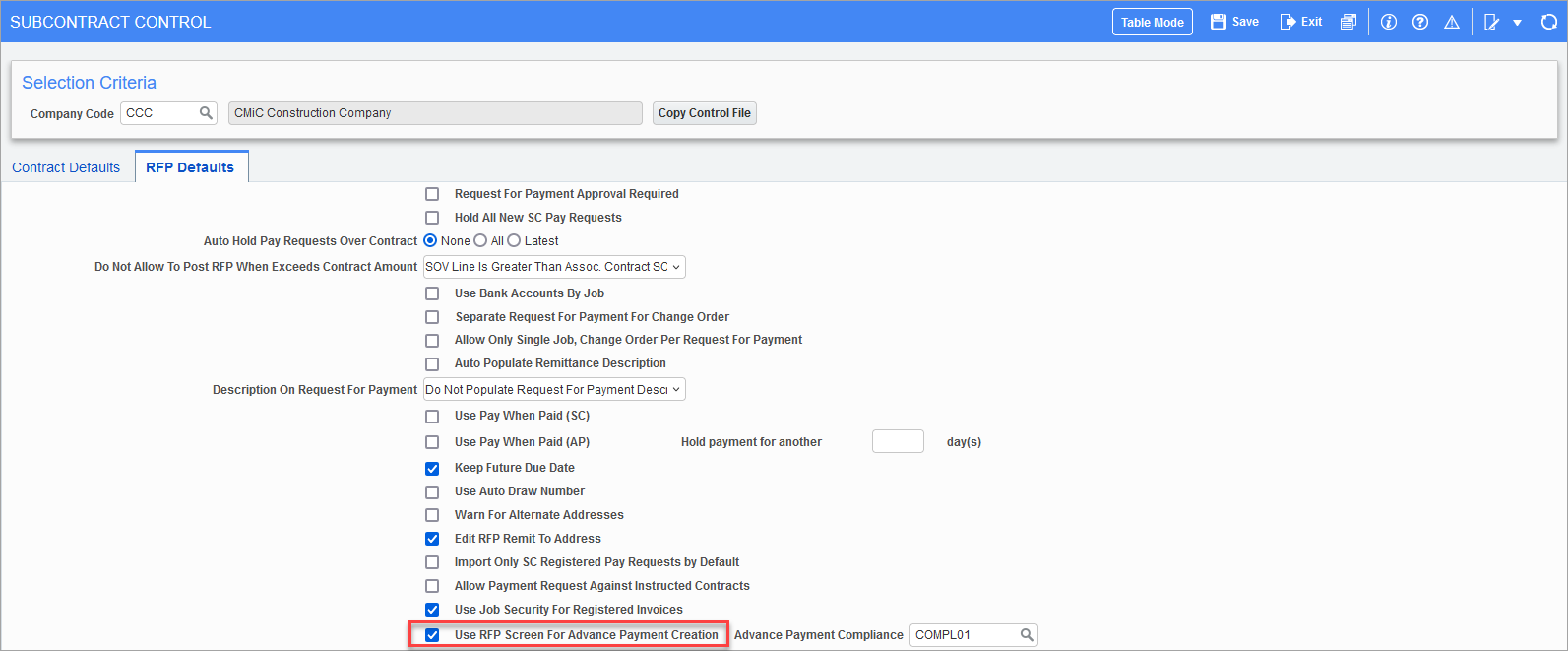 Sample of the Use RFP Screen for Advance Payment Creation checkbox on the SC Control File