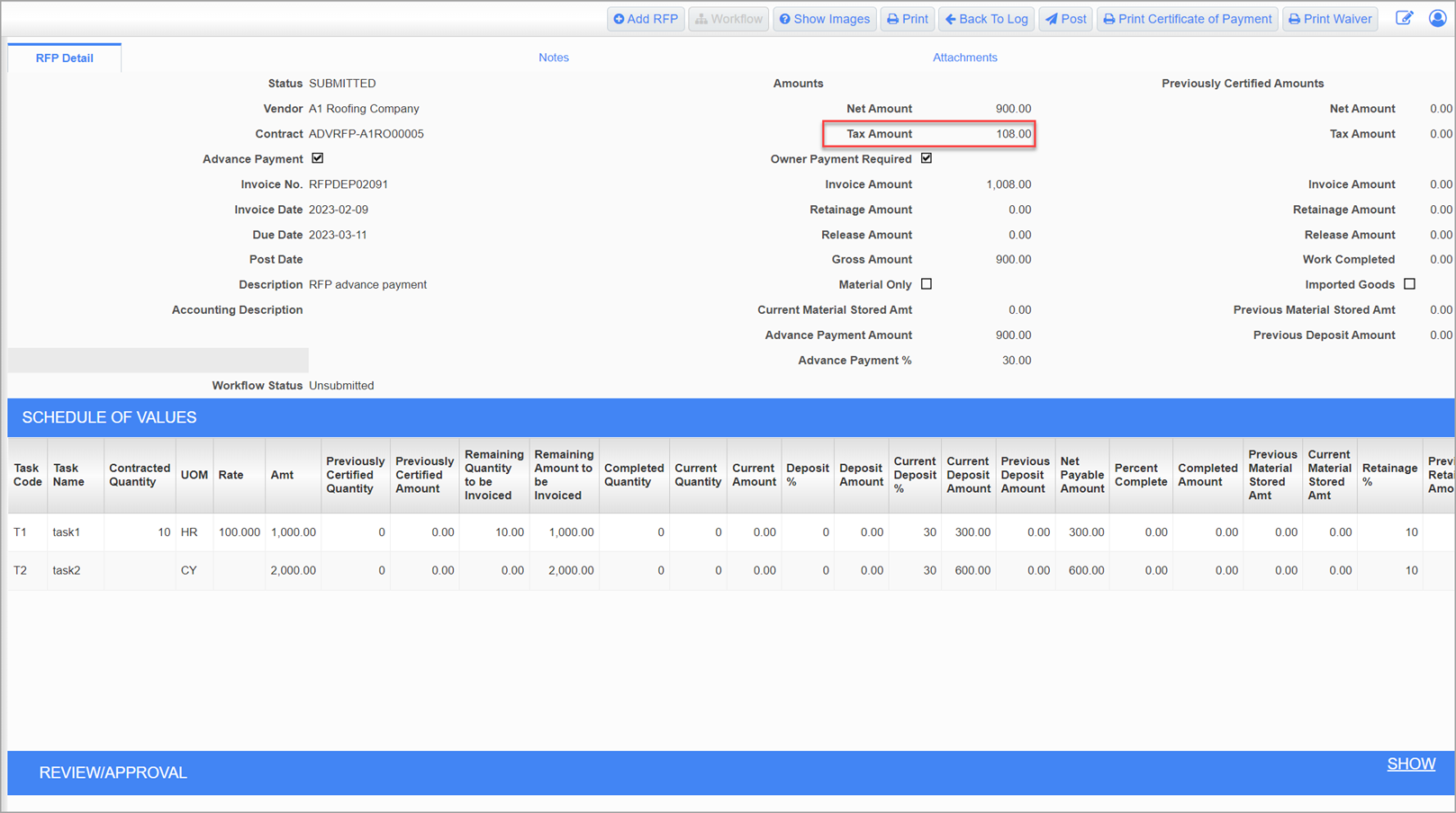 Sample of the Tax Amount field on the Request for Payment screen in CMiC Field