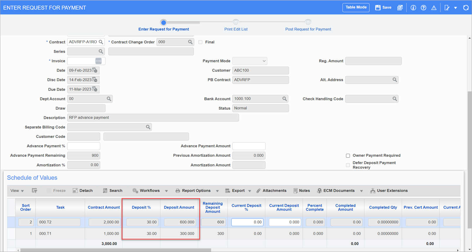 Sample of the Deposit % and Deposit Amount columns in the RFP SOV lines