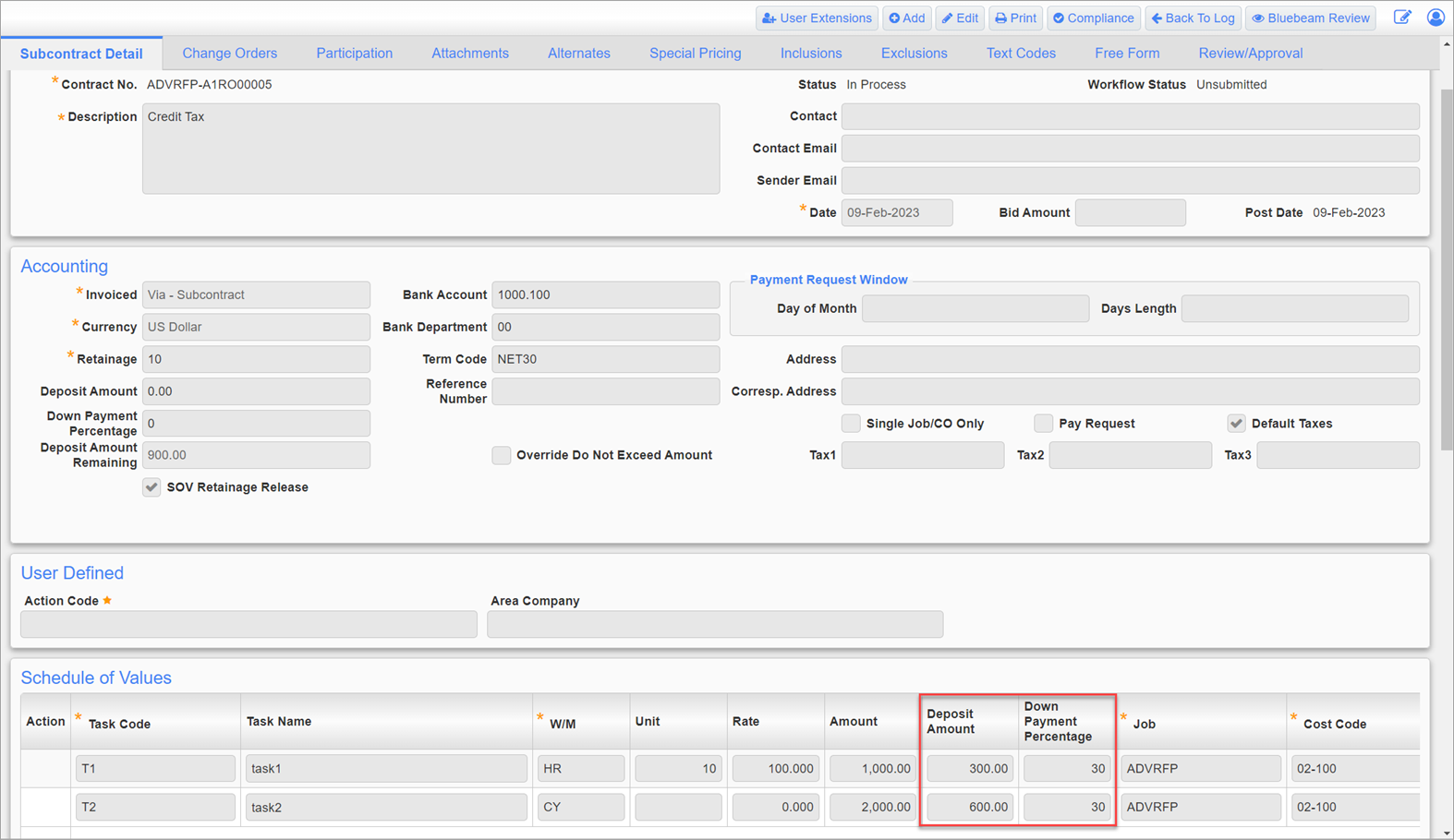 Sample of the deposit amount and percentage on the Subcontract Detail tab of the Subcontract Entry screen in CMiC Field