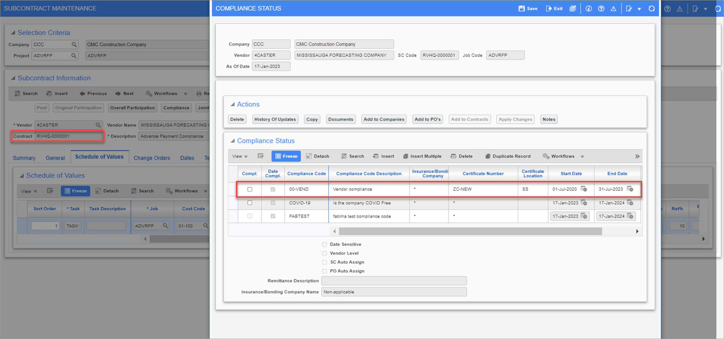 Sample of the Compliance Status pop-up window for a subcontract