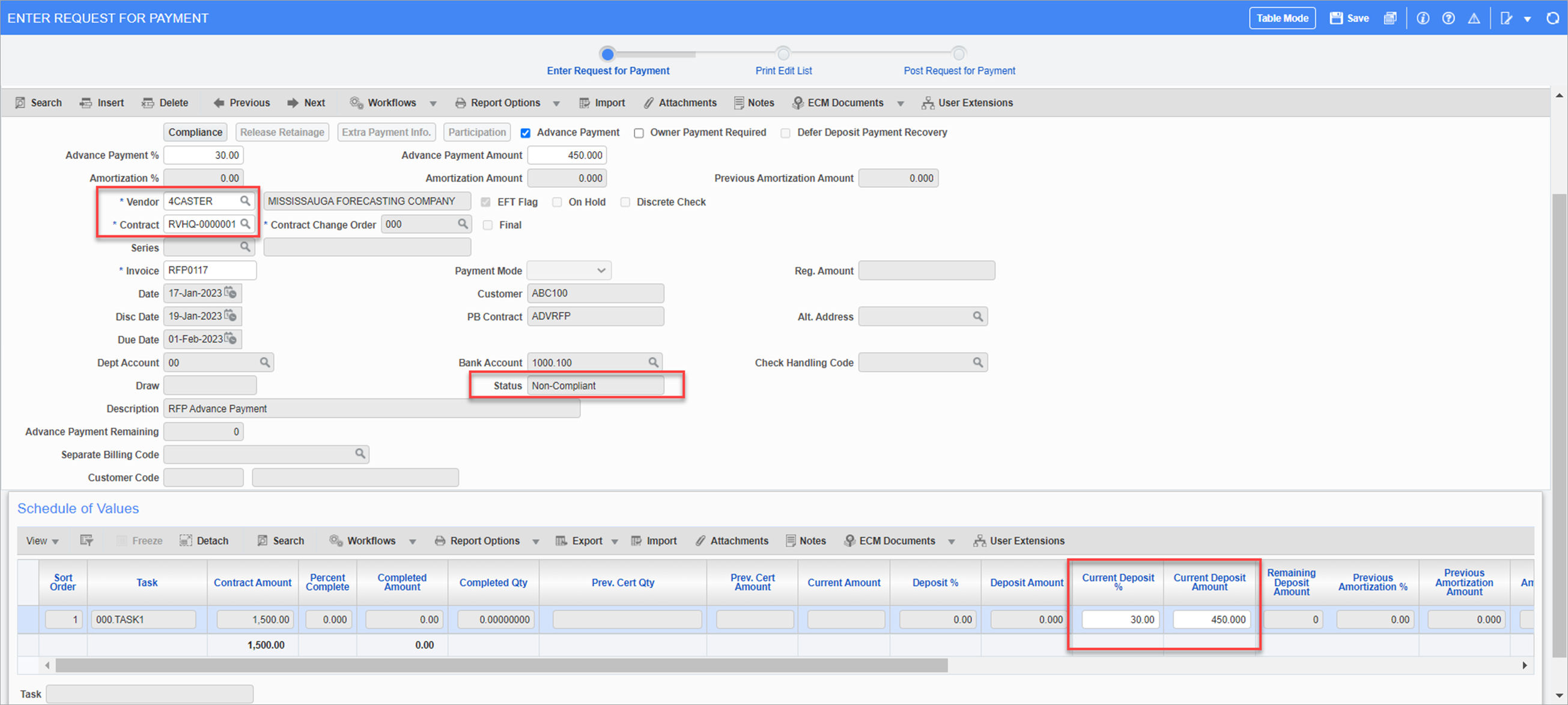 Sample of creating an Advance Payment RFP for a deposit amount of $450