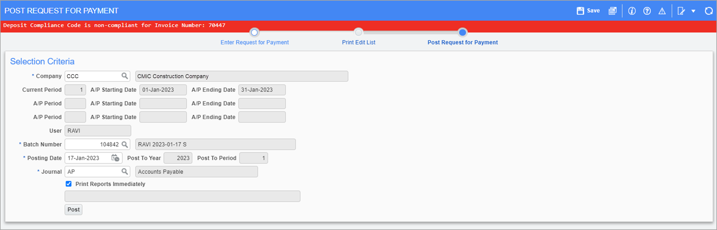 Sample of the compliance validation error message when trying to post an RFP