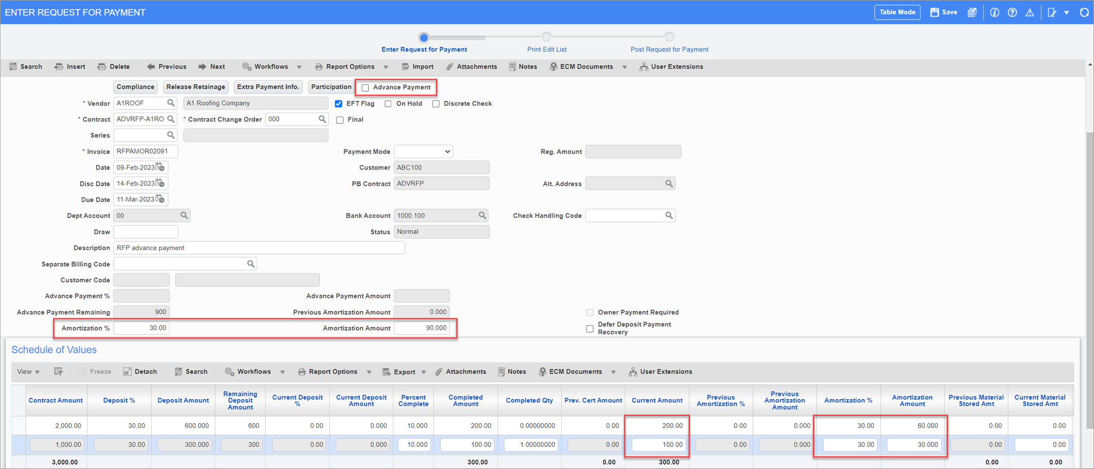 Example of amortization on a regular RFP in Subcontract Management