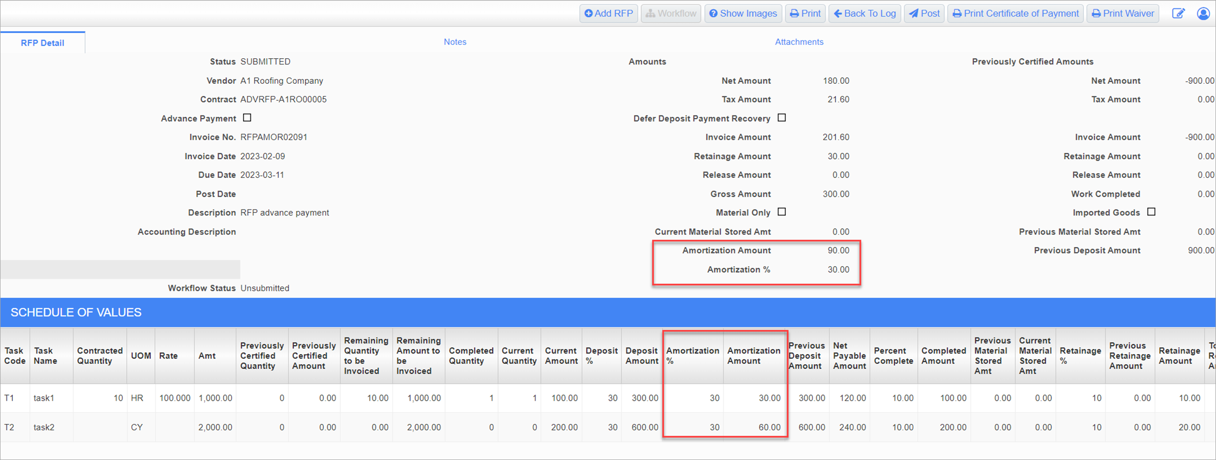 Example of an amortization on a regular RFP in CMiC Field