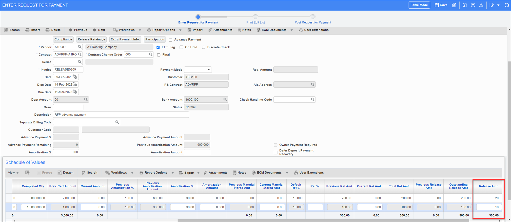 Example of a retainage release for advance payment