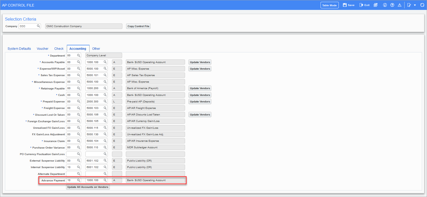 Sample of the Advance Payment Department and Account fields