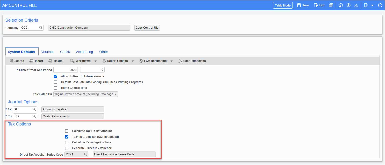 Sample of the Tax Options section of the AP Control File