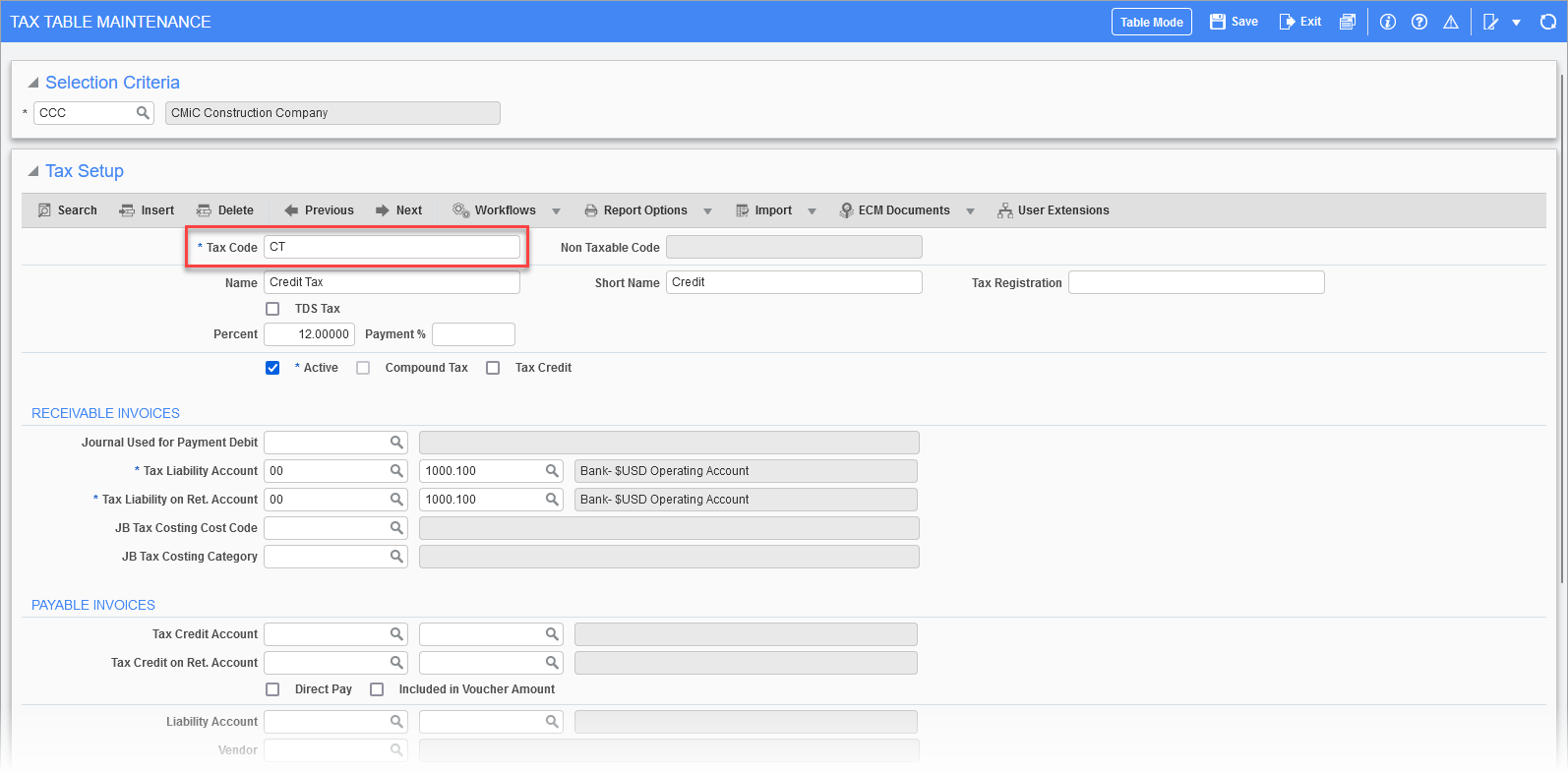 Sample of the creating a tax code on the Tax Table Maintenance screen