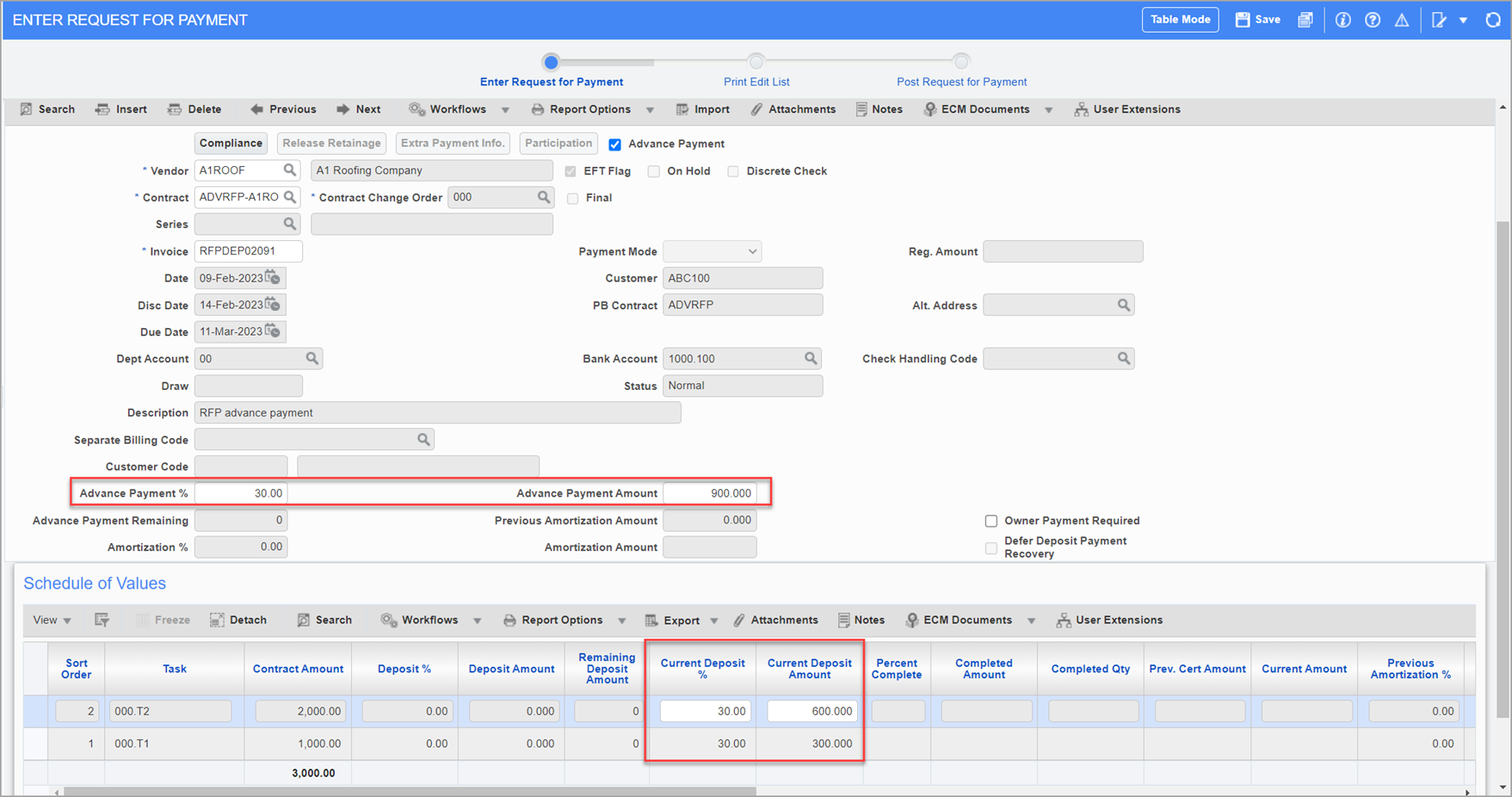 Sample of entering an advance payment RFP in the Subcontract Management module