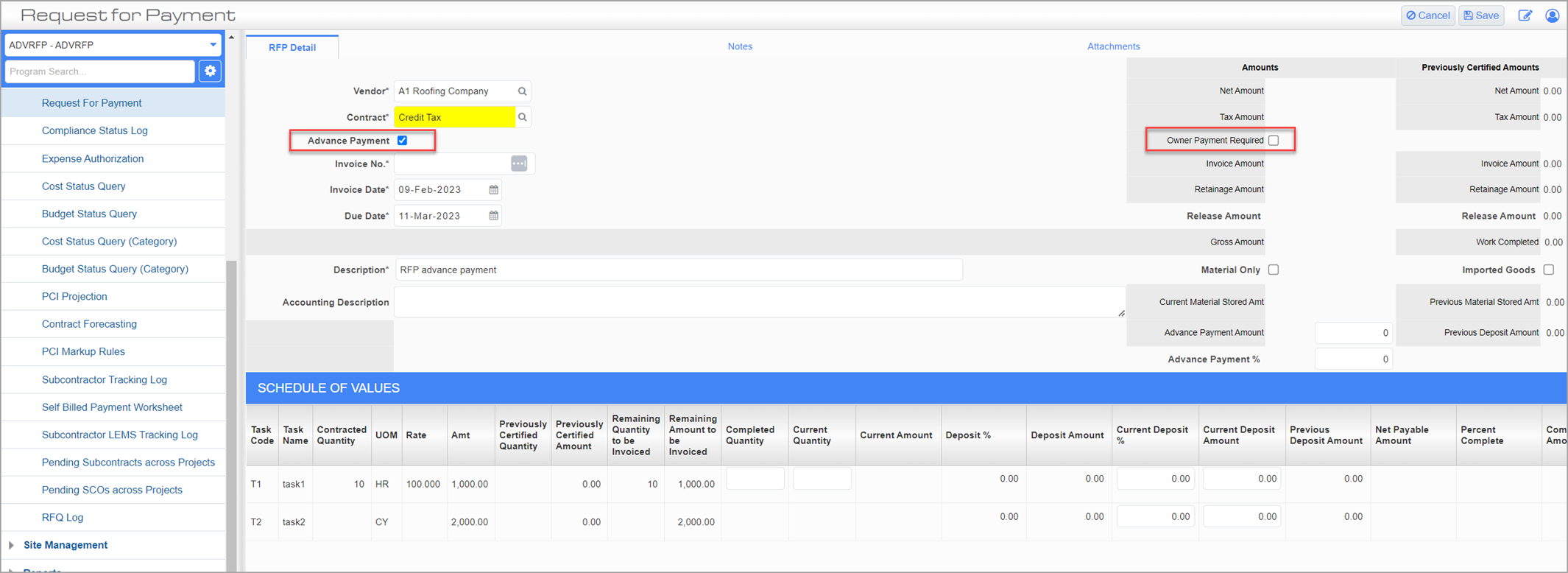 Sample of the Advance Payment and Owner Payment Required checkboxes on the Request For Payment screen in CMiC Field