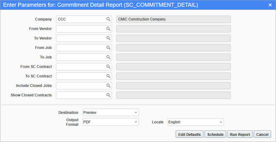 Screenshot of the Commitment Detail Report parameters screen