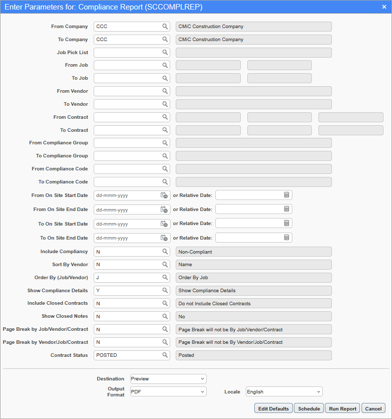 Screenshot of the Compliance Report parameters screen