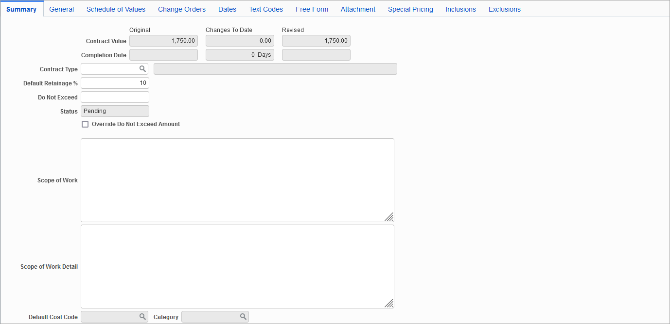 Screenshot of the Summary tab on the Enter Subcontract screen