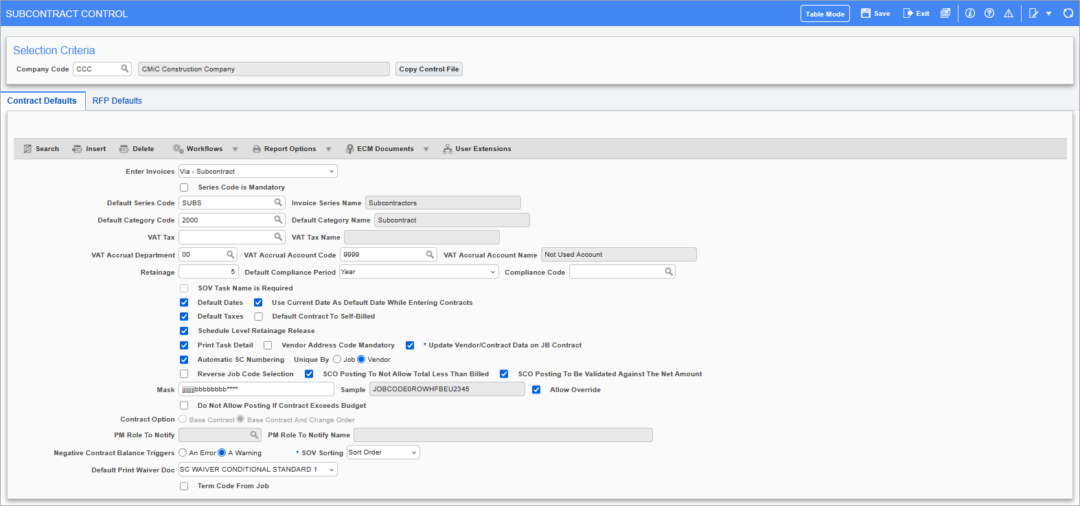 Sample of the Contract Defaults tab on the Subcontract Control screen