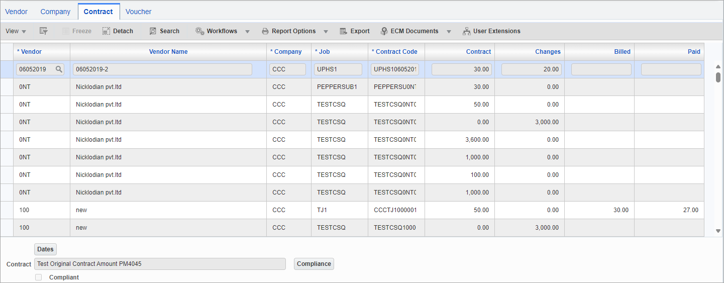 Screenshot of Contract Tab.