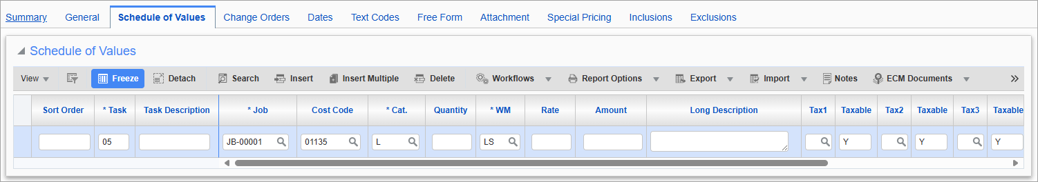 Screenshot of Schedule of Values tab.