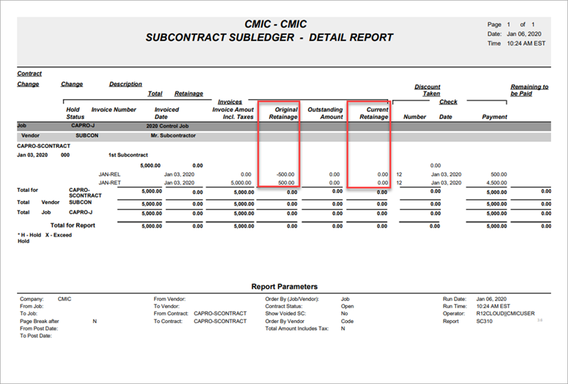 Screenshot of SC Subledger Detail report.