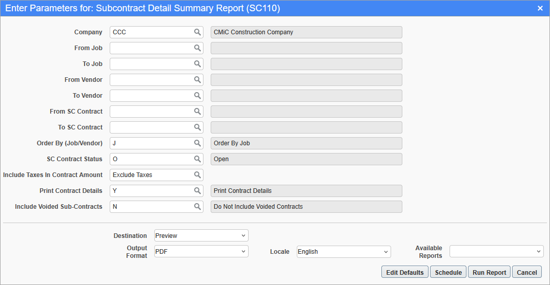 Screenshot of the Subcontract Detail Summary Report parameters screen