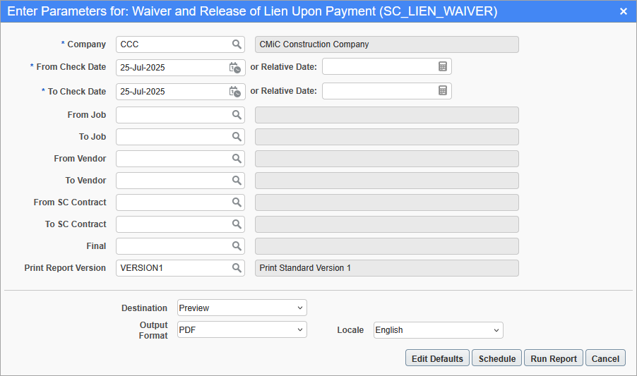Screenshot of the Waiver and Release of Lien Upon Payment parameters screen