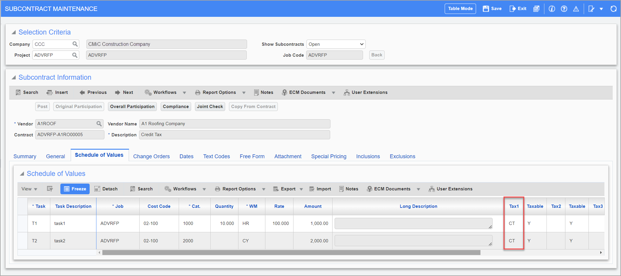 Sample of tax setup on the Schedule of Values tab of the Subcontract Maintenance screen