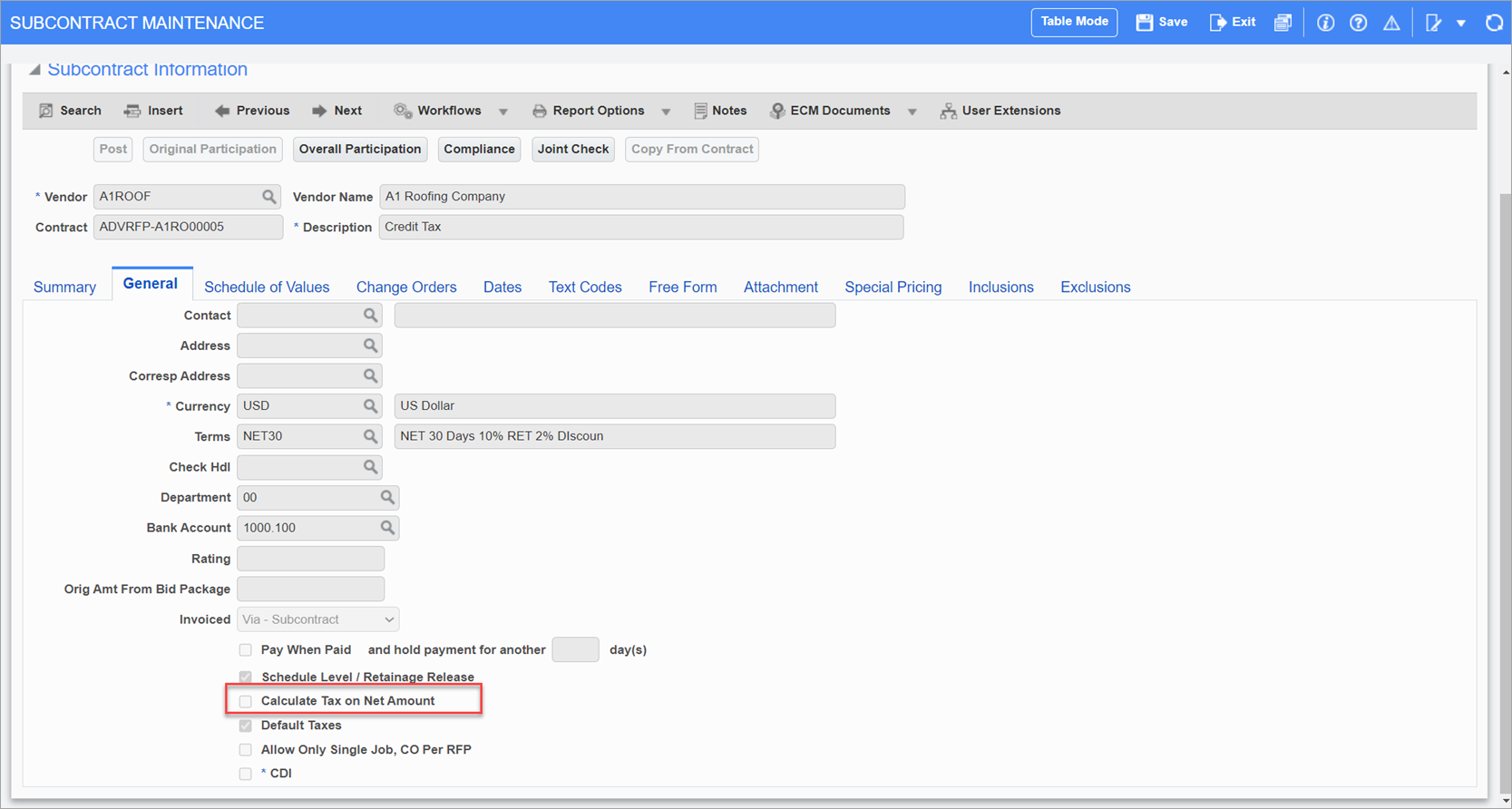 Sample of tax setup on the General tab of the Subcontract Maintenance screen