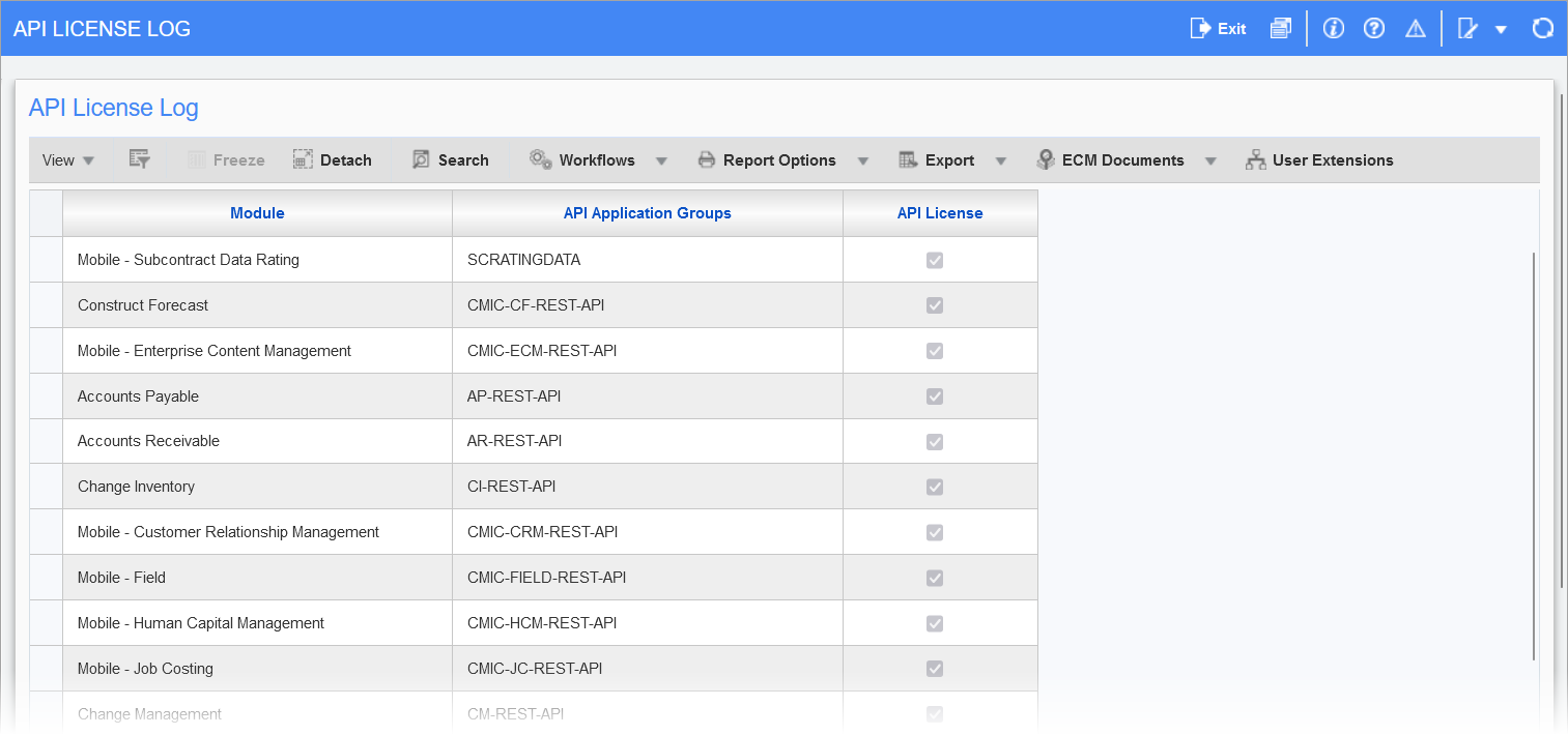 Sample of the API License Log screen