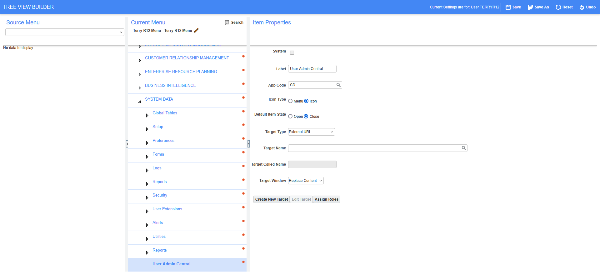 Sample of the Item Properties section in the Treeview Builder