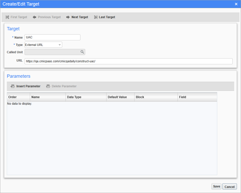Sample of the Create/Edit Target pop-up window