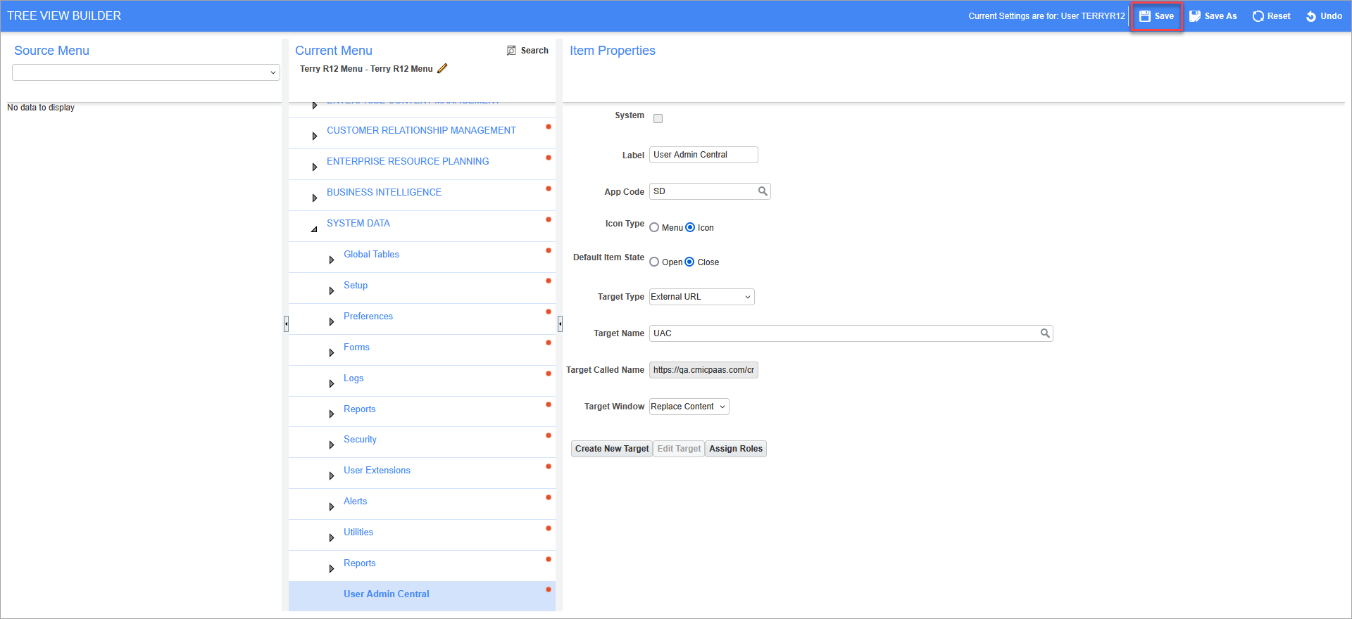 Sample of the Save button on the Treeview Builder