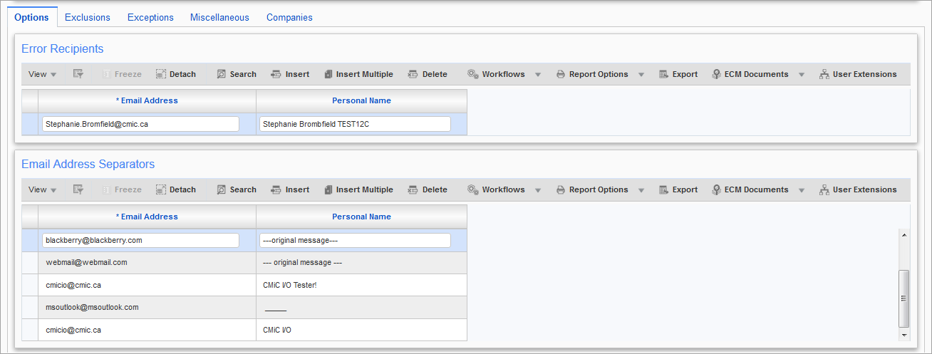 Screenshot of CMiC I/O Options – Options tab