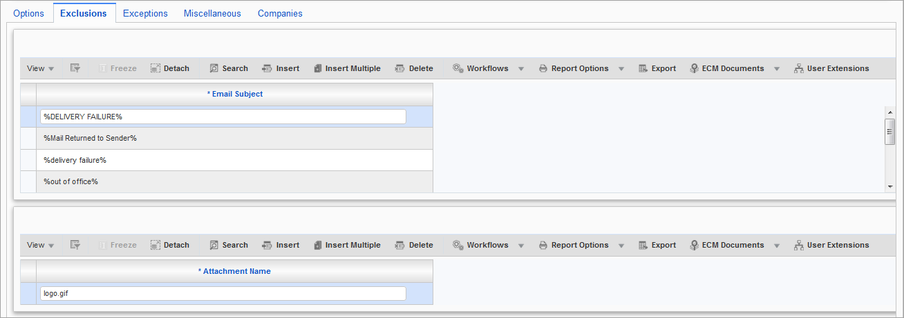 Screenshot of CMiC I/O Options– Exclusions tab