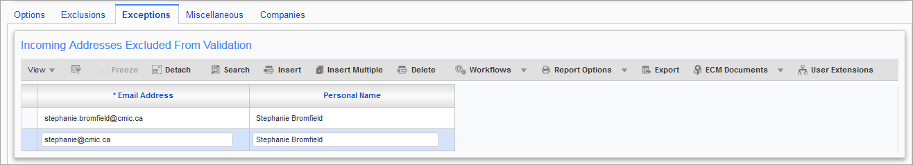 Screenshot of CMiC I/O Options – Exceptions tab