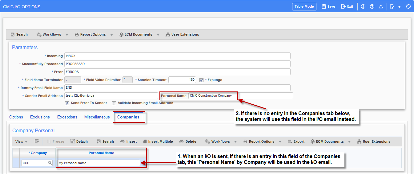 Screenshot of CMiC I/O Options – Companies tab