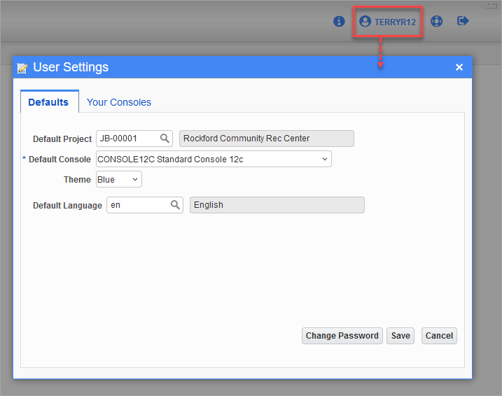 User Settings pop-up window accessed by clicking on the username