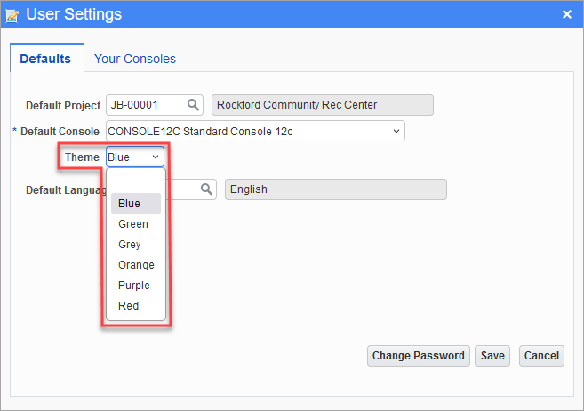 Setting a color for the Theme field on the Defaults tab of User Settings