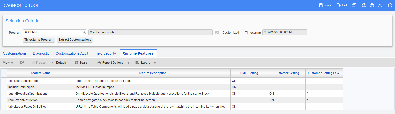 Sample of the Runtime Features tab on the Diagnostic Tool screen