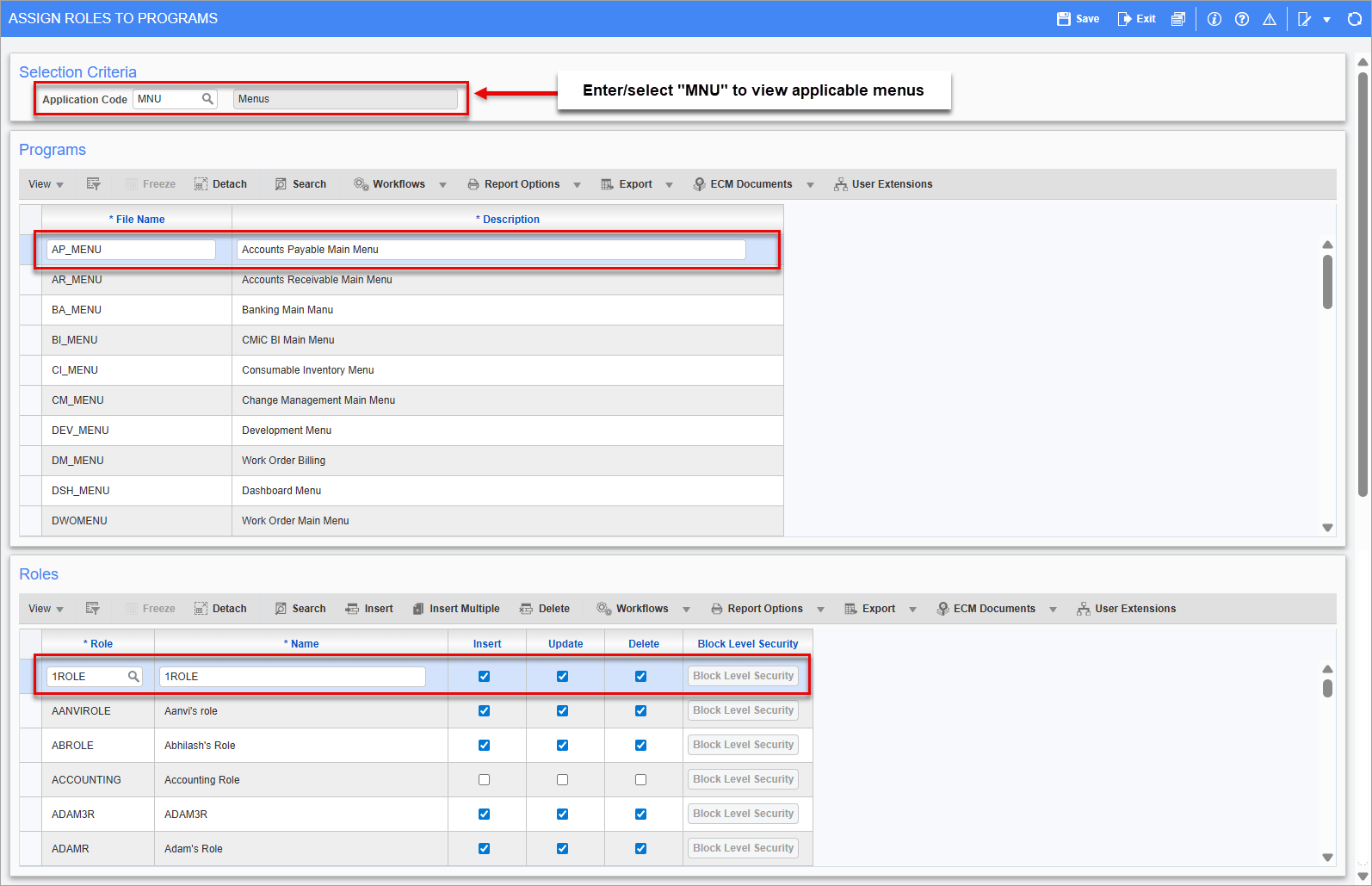 Screenshot of the Assign Roles to Programs screen