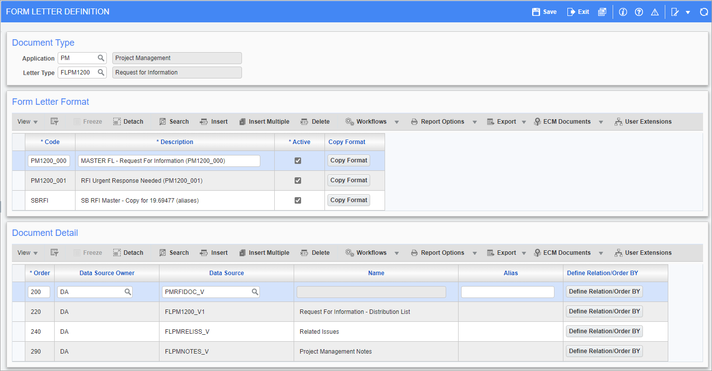 Screenshot of Form Letter Definition screen