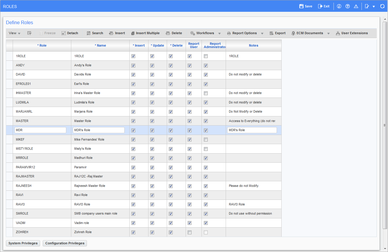 Sample of the Define Roles screen