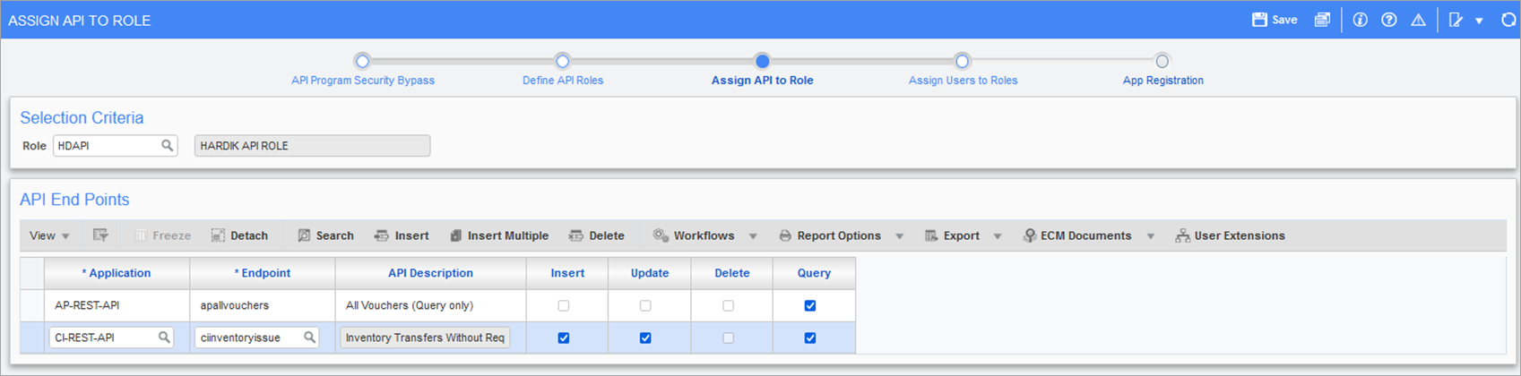 Sample of the Assign API to Role node on the API Security screen's process train