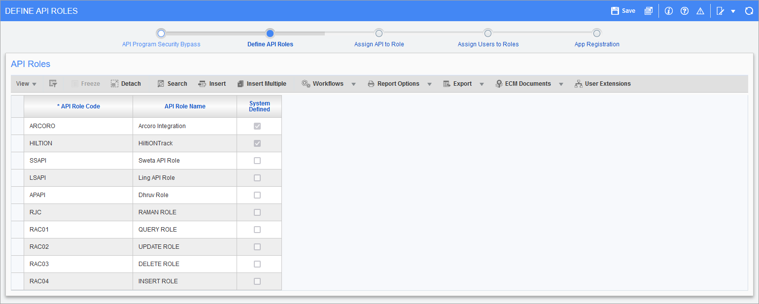 Sample of the Define API Roles screen
