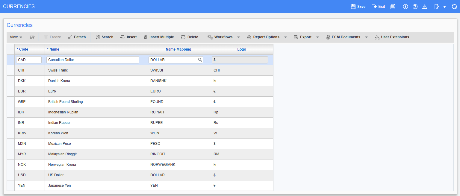 Screenshot of Currencies.
